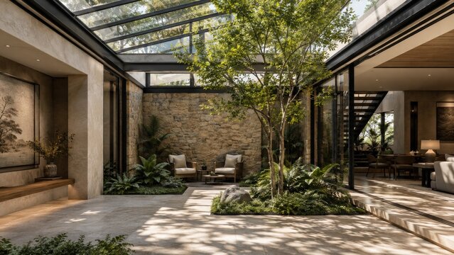 Modern indoor courtyard atrium with glass roof, central tree, stone wall, lush plants and cozy seating in a luxury home