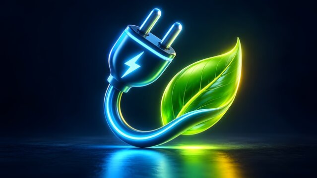 Glowing electrical plug merging into a bright green leaf on a dark background. Concept of renewable green energy and sustainable power solutions.