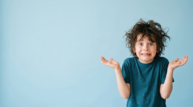 Young boy shrugging with a confused and uncertain expression, questioning and displaying innocence against a plain blue background, symbolizing childhood problems and dilemmas