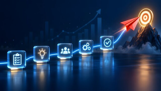 Red paper airplane flying towards a glowing target above mountain peak with glowing business strategy icons. Concept of corporate goal achievement and project milestone progression.