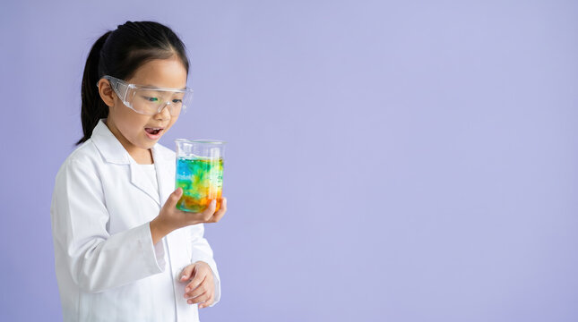 Young girl in a lab coat and safety goggles observing a vibrant liquid reaction in a beaker, conveying concepts of scientific exploration, learning, and childhood development