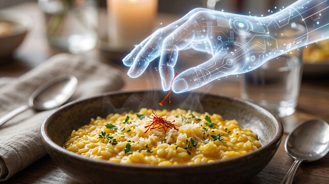 AI hand adding saffron threads to steaming risotto, representing technological advancement, smart cooking, and automation in future culinary arts and food preparation processes