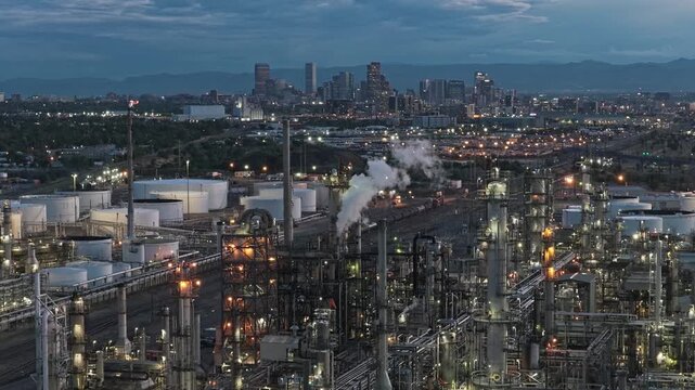 Industrial area petrochemical plant refinery with Denver skyline dusk blue hour drone video Denver Colorado 4K