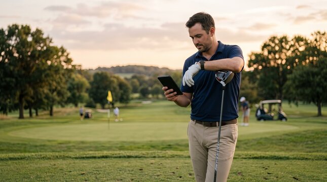 Golfer checking tablet while leaning on golf driver at sunset on manicured green