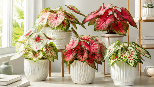 Group of colorful caladium houseplants with heart-shaped variegated leaves in white ceramic pots by a sunny window