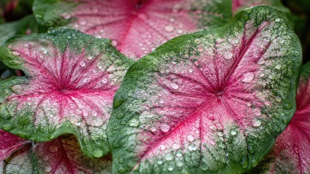 Vibrant pink and green caladium leaves with water droplets, close-up showing vein patterns and glossy texture