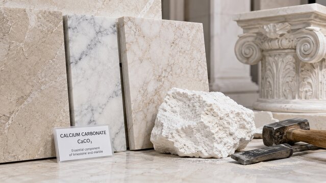 Calcium carbonate display with marble slabs, limestone chunk, hammer and chisel beside a classical column capital