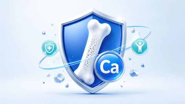 3D blue shield protecting a white bone with a calcium badge, symbolizing bone health, strength, protection, and dietary supplementation