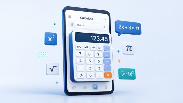 3D smartphone displaying a calculator app with numeric keypad, result display and floating math icons like pi, square root, exponent and algebra equation
