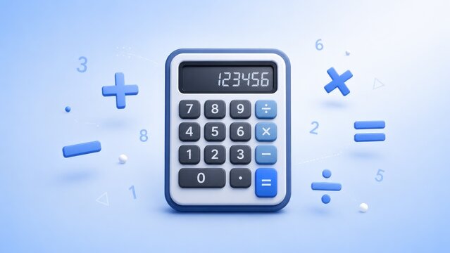 3D blue calculator with numeric display showing 123456, surrounded by floating math symbols on a soft blue background
