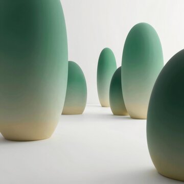 group six spherical objects arranged row white surface objects different sizes shapes largest one being light green color others being darker shade green background plain white making objects stand