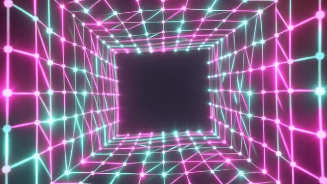 Glowing Neon Wireframe Cube Tunnel Loop