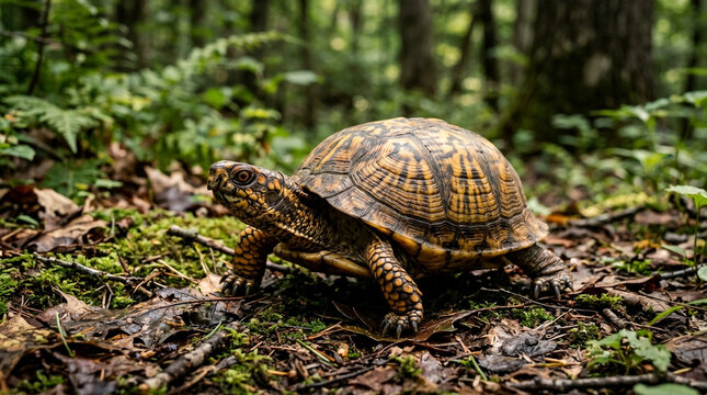 Tortoise Walking Through Forest Floor.