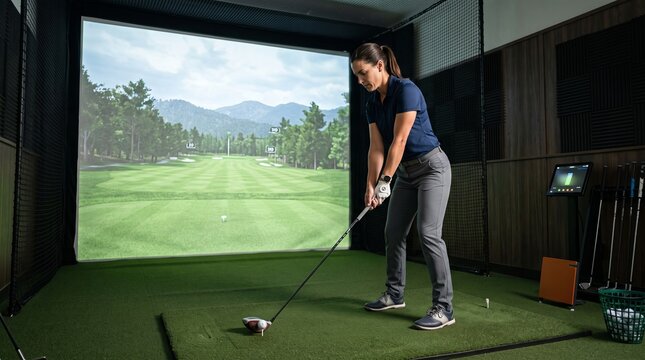 Woman preparing golf shot in indoor golf simulator bay with projected fairway