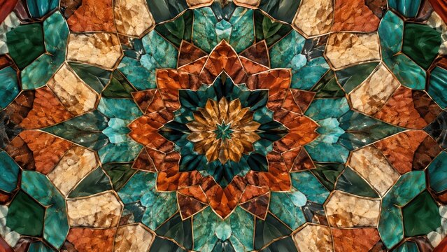 Vibrant stained glass mosaic mandala with radial symmetry, jewel tones of teal, amber and rust forming an intricate geometric floral star pattern