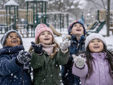 Kindergruppe freut sich &uuml;ber fallende Schneeflocken
Vier vielf&auml;ltige Kinder stehen gemeinsam im verschneiten Park, halten ihre H&auml;nde in den Schneefall und zeigen ausgelassene Freude &uuml;ber den Winterbeg
