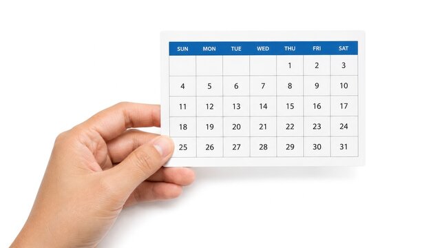 Hand holding a small monthly calendar card with numbered days and a blue weekday header on a clean white background