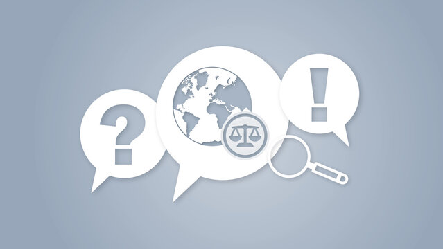 Global law and legal regulations concept graphic with question mark, world map, scales of justice, magnifying glass, exclamation mark symbol, policy compliance design.