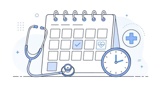 Illustration of a medical appointment calendar with stethoscope, clock, check mark, and health icons