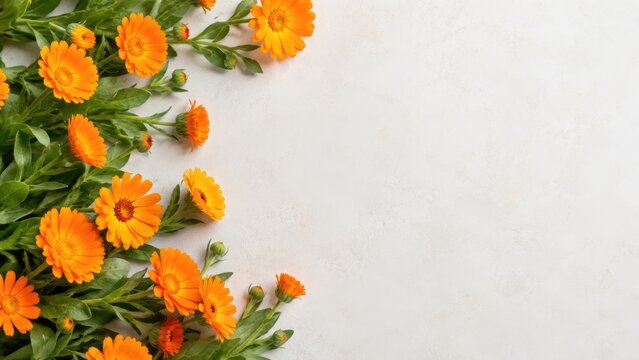 Bright orange calendula (pot marigold) blooms arranged along left edge on white background with copy space for text
