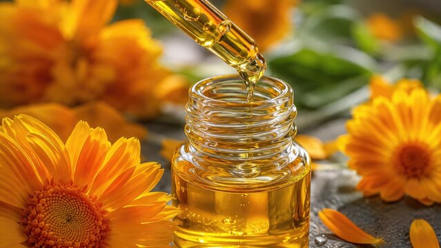 Golden calendula oil in a glass dropper bottle surrounded by bright orange calendula flowers and petals