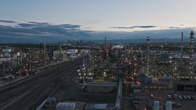 Refinery and the city view at night dusk hours aerial video Denver Colorado 4K