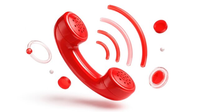 Red retro telephone handset with ringing sound waves, 3D glossy floating communication icon on a white background