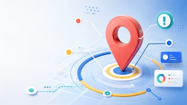 Red map pin location marker on a digital target with data visualizations, dashboard icons and network connections in a blue and white tech interface
