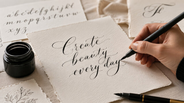 Hand lettering scene showing a hand writing elegant calligraphy quote with a dip pen and ink on textured torn-edge paper amid practice sheets and pens