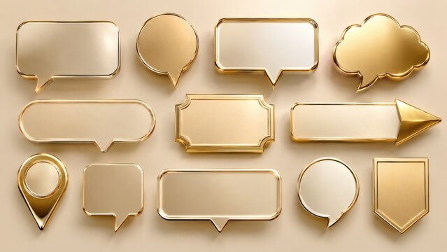 Metallic gold speech bubbles, labels and icons in assorted shapes arranged on a soft beige background