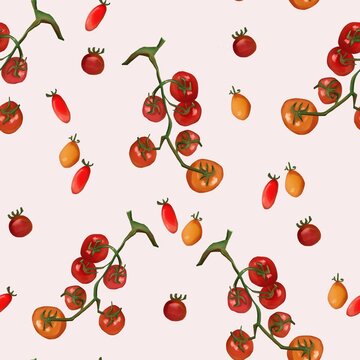 Large scale seamless cherry tomato branch pattern with loose tomatoes on soft pink background