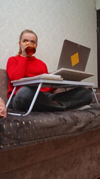 Young woman sits comfortably on sofa using laptop on portable lap desk at home. Relaxed home workspace includes notebook mug, tablet and soft furnishings in cozy interior. Suitable for remote work