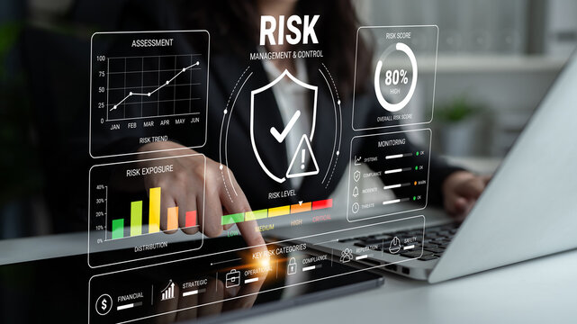 A professional analyzing risk management through advanced graphical interface, showcasing assessment charts, risk scores, and key metrics for informed decision-making. Nascent