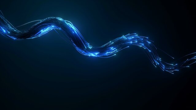 Glowing blue fiber optic cable with light trails, high speed data transmission concept, futuristic digital network connection on dark background
