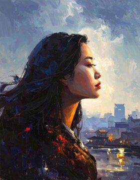 side portrait of a woman with a cityscape