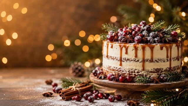 Festive layered drip cake topped with sugared cranberries and powdered sugar, surrounded by cinnamon sticks, pine sprigs and warm bokeh lights