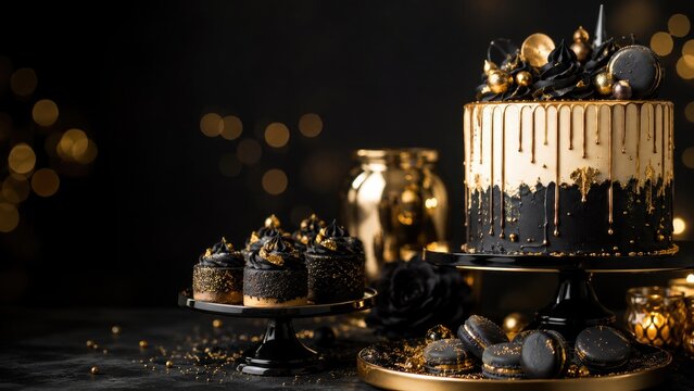 Elegant black and gold drip cake with macarons, cupcakes, and gold decorations on a dark bokeh background