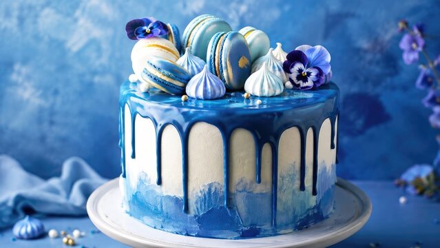 Blue drip cake with macarons, meringues, gold accents and edible pansy flowers