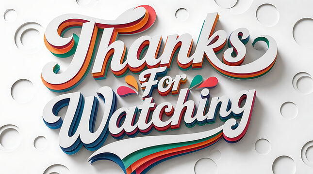 A colorful 3d typography sign displays the message thanks for watching.