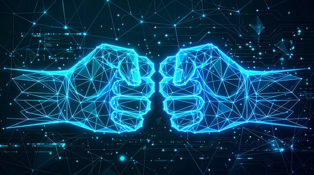 Digital glowing wireframe fists bumping in a futuristic cyber technology concept