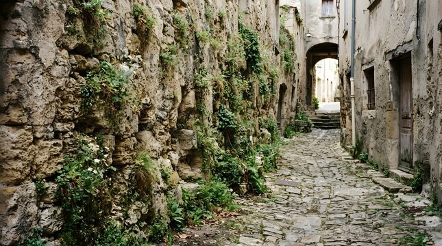 Ancient narrow cobblestone street lined with old stone walls in historic village.
