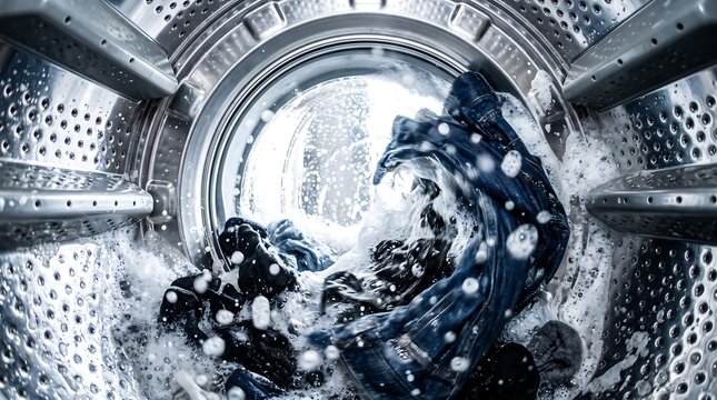 Inside View of Washing Machine Drum with Soapy Water and Blue Jeans Rotating During Wash Cycle for Household Appliances and Home Cleaning Concept