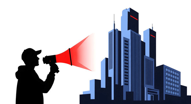 Silhouette amplifying urban business announcement.