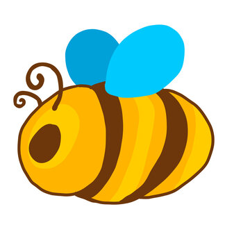 Cute hand drawn cartoon bee with blue wings and yellow stripes for kids decoration