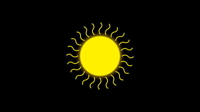 Yellow sun icon with wavy rays isolated on black background