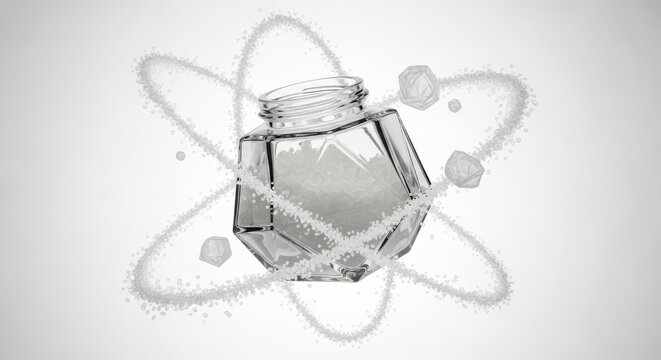 An elegant geometric salt jar floats weightlessly, encircled by orbiting white crystals against a minimalist and clean white background, orbiting, skincare, weightless