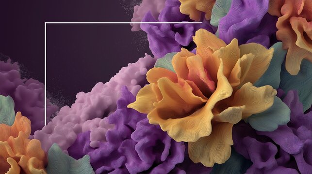 Minimalist thin white frame corner with sculpted yellow pastel flowers, mint foliage, and purple cloud formations with copy space