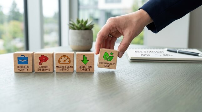 Corporate sustainability strategy concept with wooden blocks showing business carbon measurement reduction and environmental responsibility