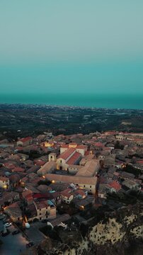 Aerial view of the rural village of Gerace at sunset