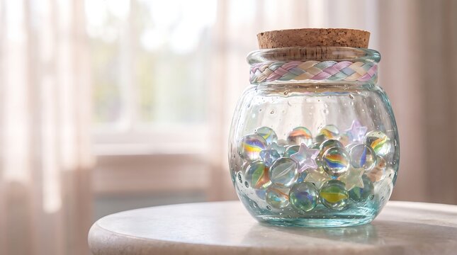 Glass Jar Filled With Colorful Decorative Marbles Sitting On A Round Table Near A Bright Window